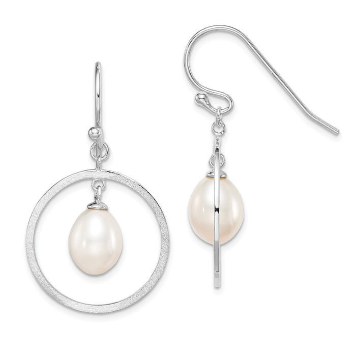 925 Sterling Silver Rhodium-Plated  7-8mm White Rice Freshwater Cultured Pearl Earrings, 37mm x 7 to 8mm