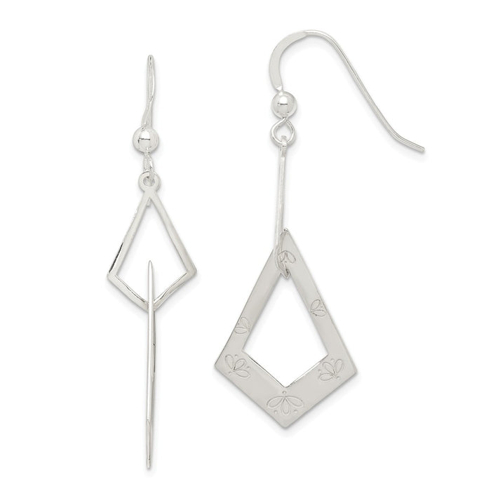 925 Sterling Silver Polished Kite-shaped with Flowers Dangle Earrings,
