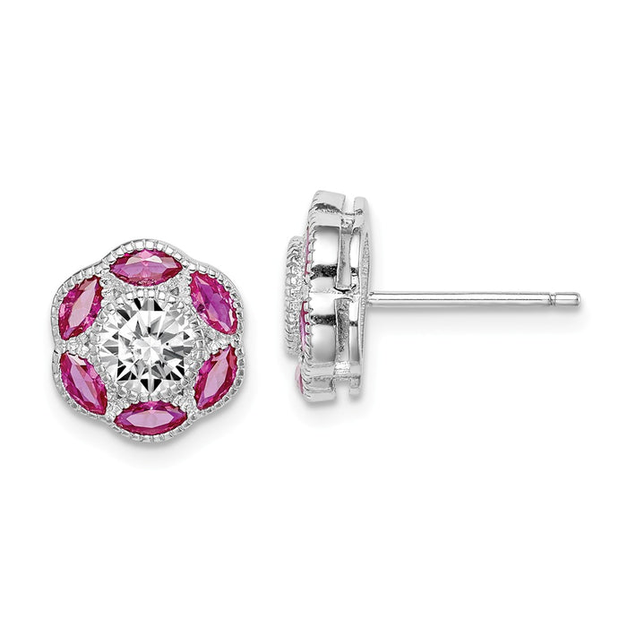 925 Sterling Silver Rhodium-plated Created Ruby & Cubic Zirconia ( CZ ) Post Earrings, 10.3mm x 10.32mm