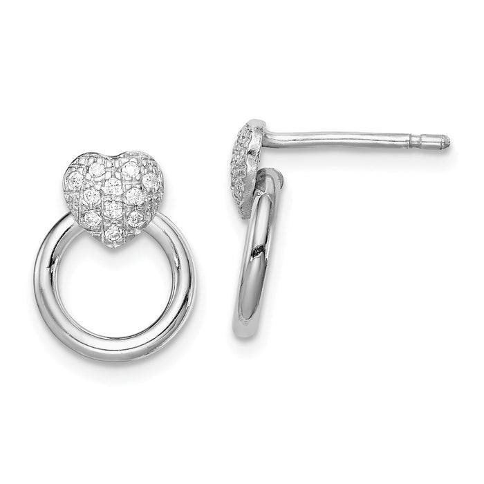 925 Sterling Silver Rhodium-plated Cubic Zirconia ( CZ ) Heart & Circle Post Earrings,