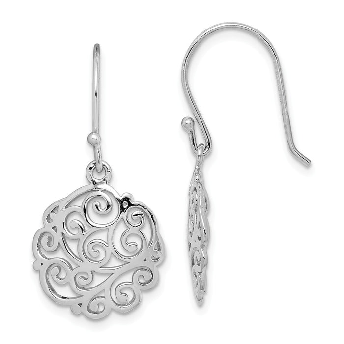 925 Sterling Silver Rhodium-plated Filigree Circle Dangle Earrings,