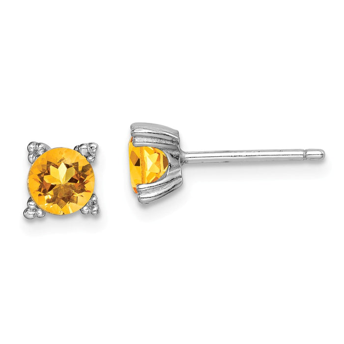 925 Sterling Silver Rhodium-plated Round 5mm Citrine Post Earrings, 5mm