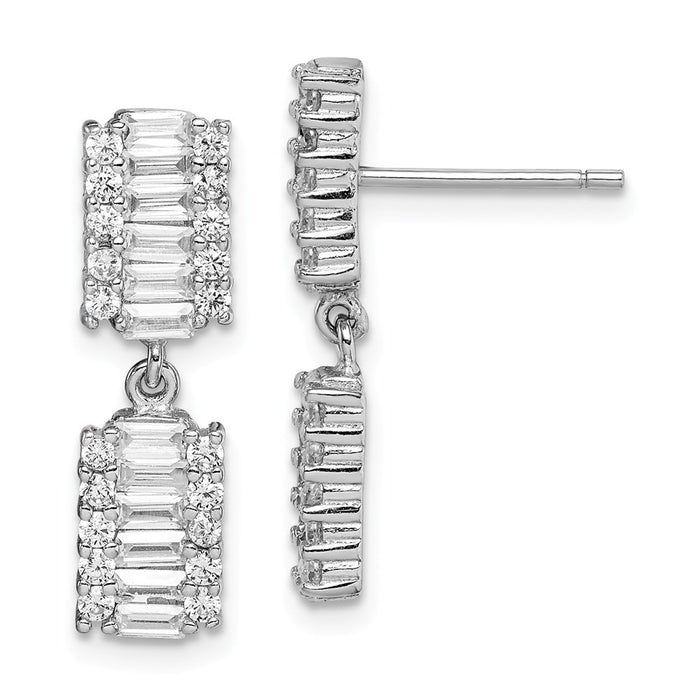 925 Sterling Silver Rhodium-plated Baguette Cubic Zirconia ( CZ ) Post Dangle Earrings,