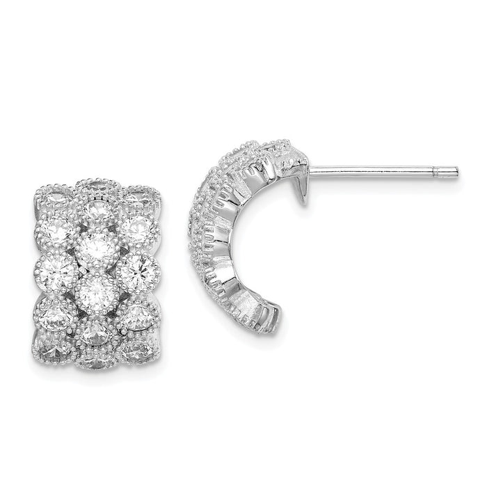 925 Sterling Silver Rhodium-plated Cubic Zirconia ( CZ ) 3-row Half Hoop Post Earrings,