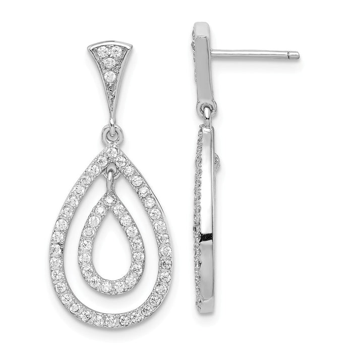 925 Sterling Silver Rhodium-plated Cubic Zirconia ( CZ ) Teardrop Dangle Post Earrings,