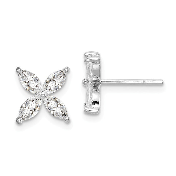 925 Sterling Silver Rhodium-plated Marquise Cubic Zirconia ( CZ ) Flower Post Earrings,