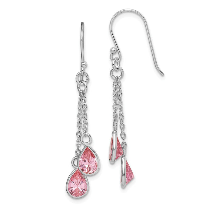 925 Sterling Silver Rhodium-plated Pink Cubic Zirconia ( CZ ) Teardrop Dangle Earrings,