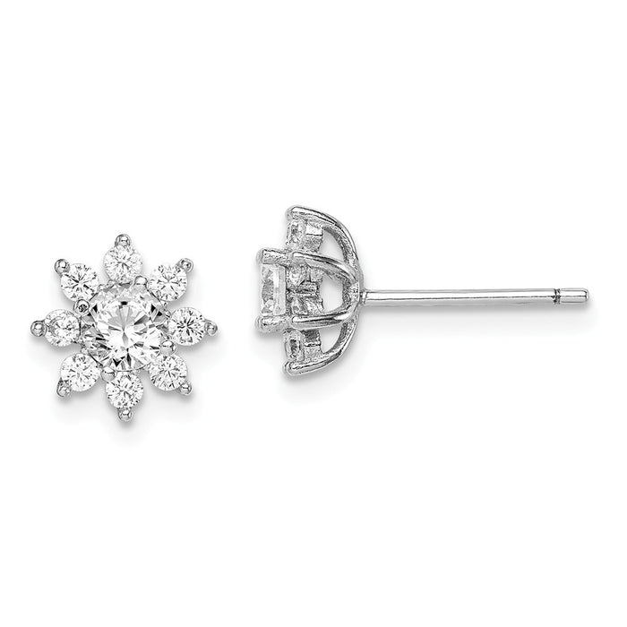 925 Sterling Silver Rhodium-plated Polished Cubic Zirconia ( CZ ) Flower Post Earrings, 8.7mm x 8.6mm