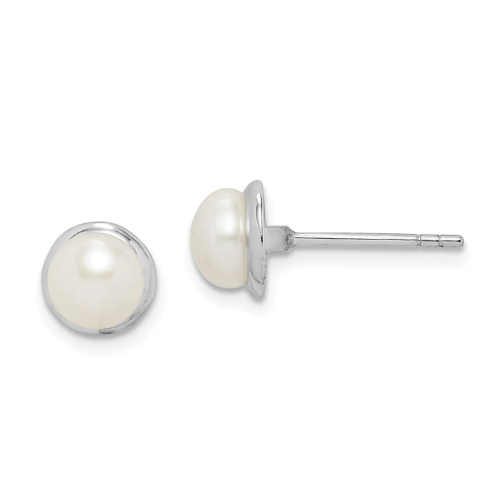925 Sterling Silver Rhodium-Plated  6-7mm White Button Freshwater Cultured Pearl Earrings, 7.45mm x 7.45mm