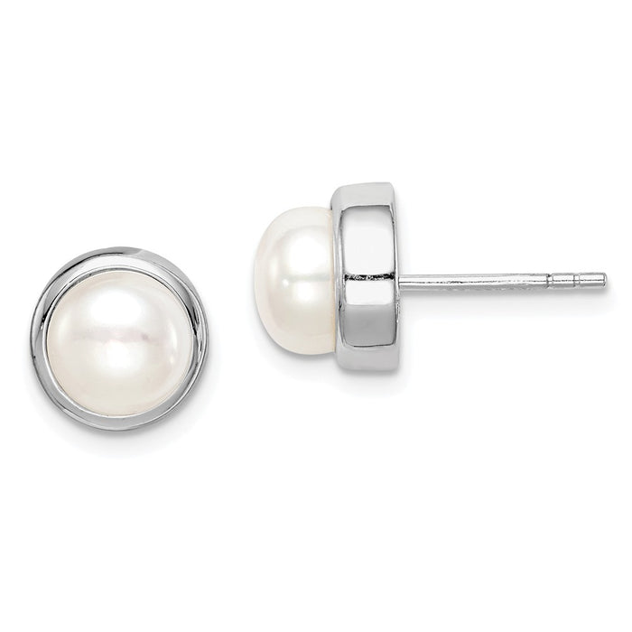 925 Sterling Silver Rhodium-Plated  7-8mm White Button Freshwater Cultured Pearl Earrings, 9.1mm x 9.1mm