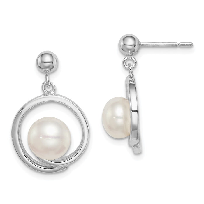 925 Sterling Silver Rhodium-Plated  7-8mm White Button Freshwater Cultured Pearl Earrings, 21.8mm x 13.85mm