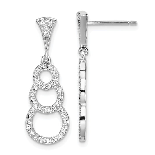 925 Sterling Silver Rhodium-plated Cubic Zirconia ( CZ ) 3-Circles Dangle Post Earrings,