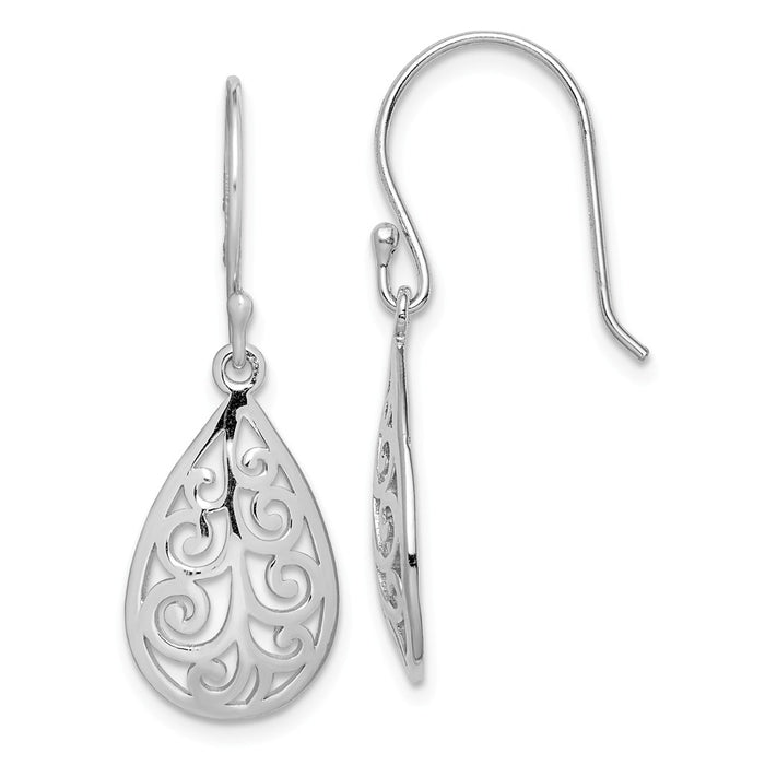 925 Sterling Silver Rhodium-plated Filigree Teardrop Dangle Earrings,