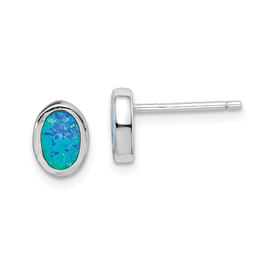 925 Sterling Silver Rhodium-plated Imitation Opal Oval Post Earrings,