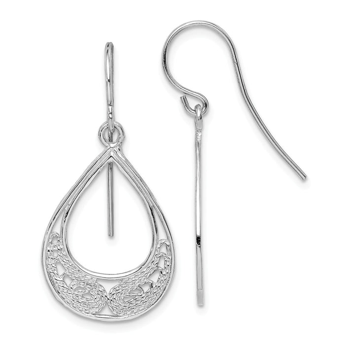 925 Sterling Silver Rhodium-plated Teardrop Filigree Dangle Earrings,