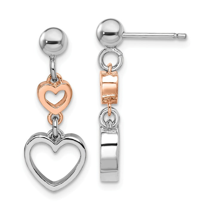925 Sterling Silver Rhodium &Rose-tone Heart Dangle Earrings,
