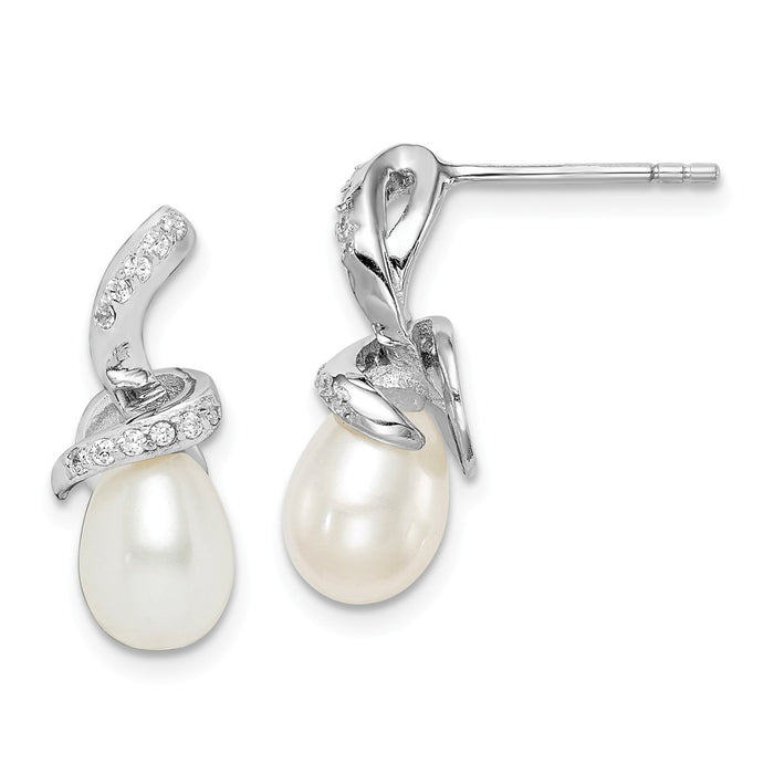 925 Sterling Silver Rhodium-Plated  6-7mm White Rice Freshwater Cultured Pearl Cubic Zirconia ( CZ ) Earrings, 18.58mm x 6.55mm