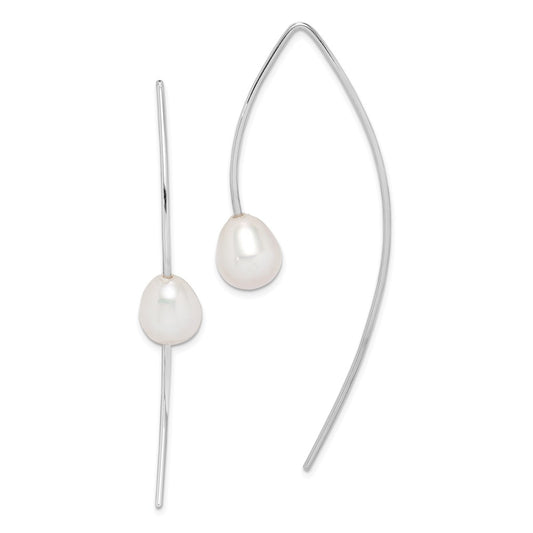 925 Sterling Silver Rhodium-Plated  7-8mm Rice Freshwater Cultured Pearl Threader Earrings, 54.25mm x 7.9mm