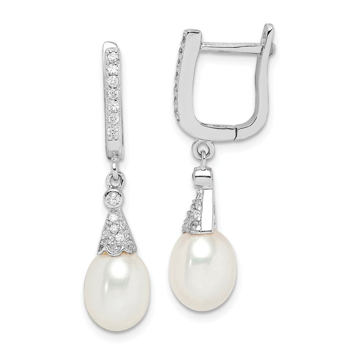 925 Sterling Silver Rhodium-Plated  7-8mm White Rice Freshwater Cultured Pearl Cubic Zirconia ( CZ ) Earrings, 31.3mm x 7 to 8mm