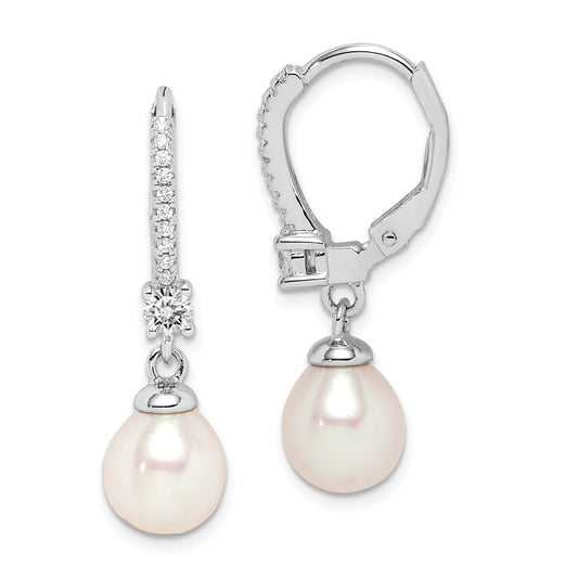 925 Sterling Silver Rhodium-Plated  7-8mm White Rice Freshwater Cultured Pearl Cubic Zirconia ( CZ ) Earrings, 27mm x 7 to 8mm