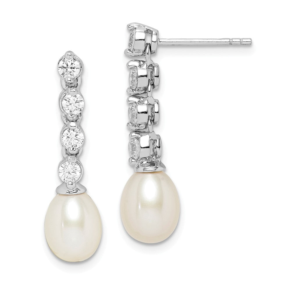 925 Sterling Silver Rhodium-Plated  7-8mm White Rice Freshwater Cultured Pearl Cubic Zirconia ( CZ ) Earrings, 26.15mm x 7 to 8mm