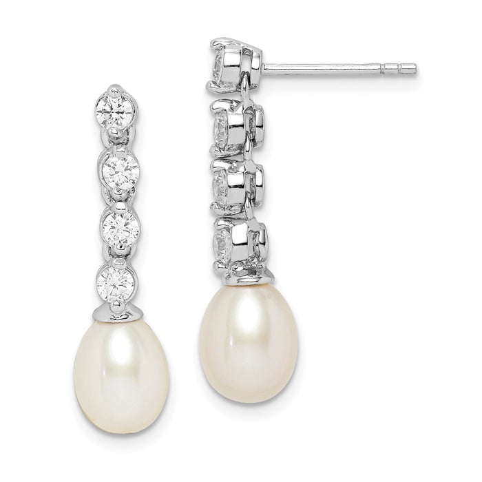925 Sterling Silver Rhodium-Plated  7-8mm White Rice Freshwater Cultured Pearl Cubic Zirconia ( CZ ) Earrings, 26.15mm x 7 to 8mm