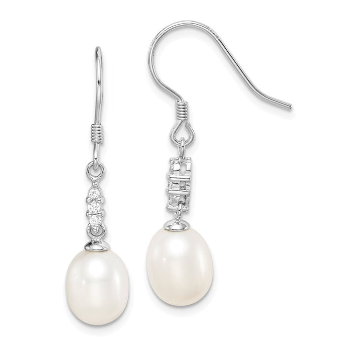 925 Sterling Silver Rhodium-Plated  7-8mm White Rice Freshwater Cultured Pearl Cubic Zirconia ( CZ ) Earrings, 32.5mm x 7 to 8mm