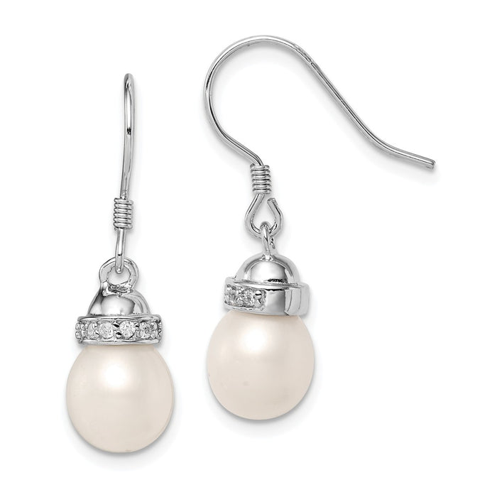 925 Sterling Silver Rhodium-Plated  7-8mm White Rice Freshwater Cultured Pearl Cubic Zirconia ( CZ ) Earrings, 28mm x 7 to 8mm