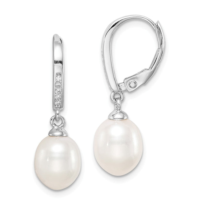 925 Sterling Silver Rhodium-Plated  7-8mm White Rice Freshwater Cultured Pearl Cubic Zirconia ( CZ ) Earrings, 26mm x 7 to 8mm