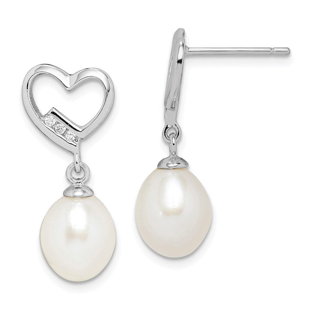 925 Sterling Silver Rhodium-Plated  7-8mm White Rice Freshwater Cultured Pearl Cubic Zirconia ( CZ ) Earrings, 21.9mm x 7 to 8mm