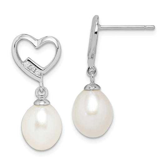 925 Sterling Silver Rhodium-Plated  7-8mm White Rice Freshwater Cultured Pearl Cubic Zirconia ( CZ ) Earrings, 21.9mm x 7 to 8mm