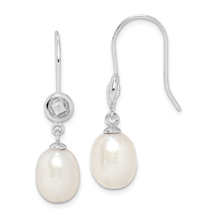 925 Sterling Silver Rhodium-Plated  7-8mm White Rice Freshwater Cultured Pearl Cubic Zirconia ( CZ ) Earrings, 30.1mm x 7 to 8mm