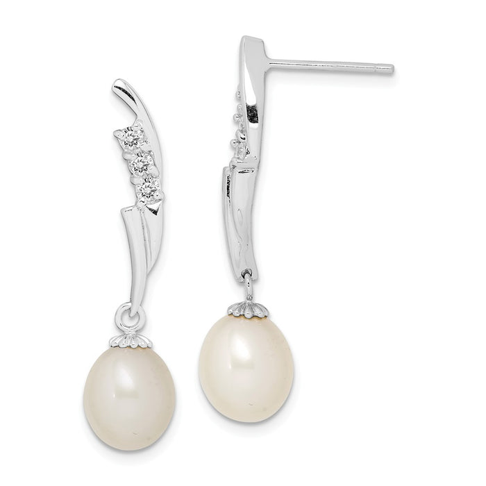 925 Sterling Silver Rhodium-Plated  7-8mm White Rice Freshwater Cultured Pearl Cubic Zirconia ( CZ ) Earrings, 32.25mm x 7 to 8mm
