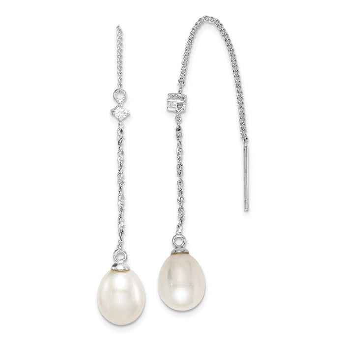 925 Sterling Silver Rhodium-Plated  7-8mm White Rice Freshwater Cultured Pearl Cubic Zirconia ( CZ ) Earrings, 38.35mm x 7 to 8mm
