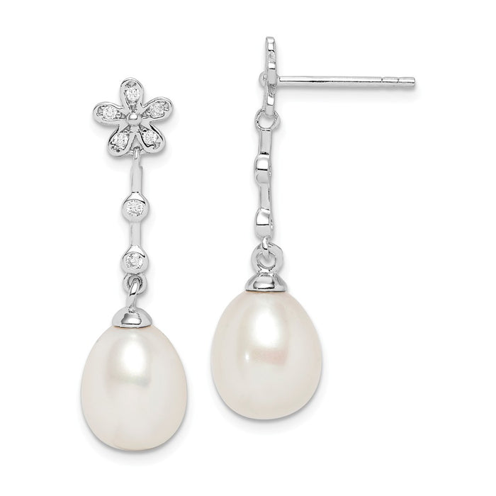 925 Sterling Silver Rhodium-Plated  8-9mm White Rice Freshwater Cultured Pearl Cubic Zirconia ( CZ ) Earrings, 30.2mm x 8 to 9mm