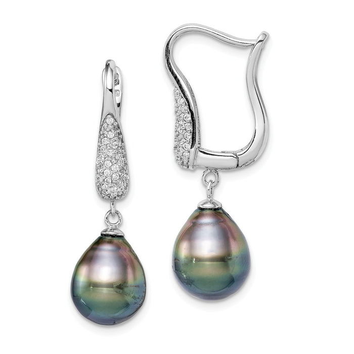 925 Sterling Silver Rhodium-Plated  9-10mm Tahitian Drop Pearl Cubic Zirconia ( CZ ) Earrings, 34.4mm x 9 to 10mm