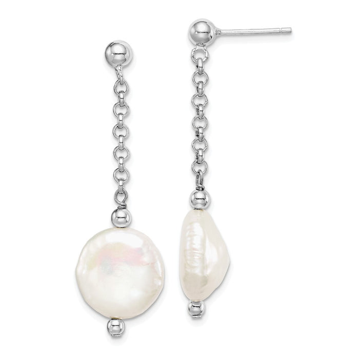 925 Sterling Silver Rhodium-Plated ed 12-13 Coin Freshwater Cultured Pearl Dangle Earrings, 41mm x 12 to 13mm