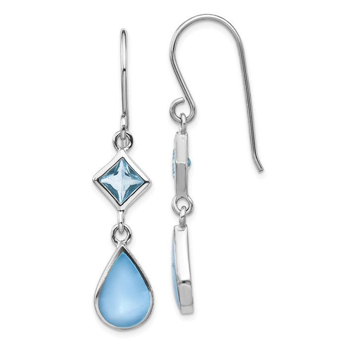 925 Sterling Silver Rhodium-plated Blue Cubic Zirconia ( CZ ) & Blue MOP Dangle Earrings,