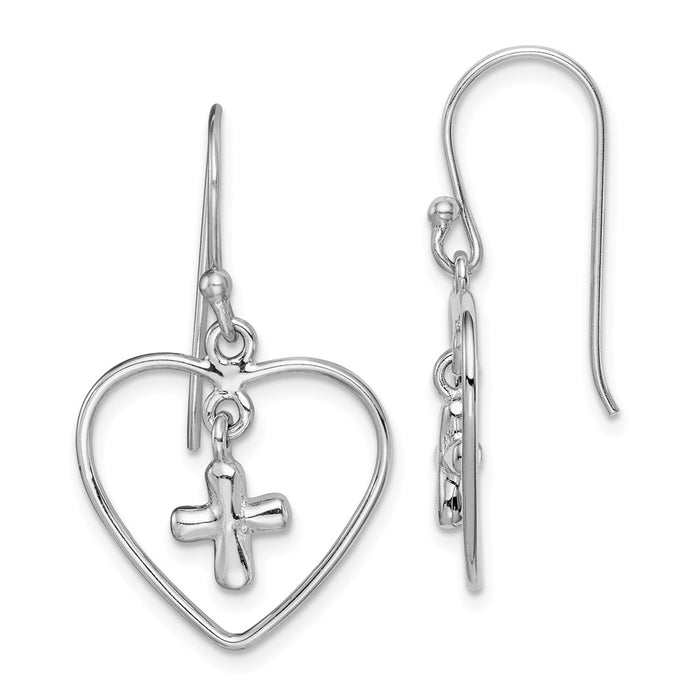 925 Sterling Silver Rhodium-plated Cross Inside Heart Dangle Earrings,