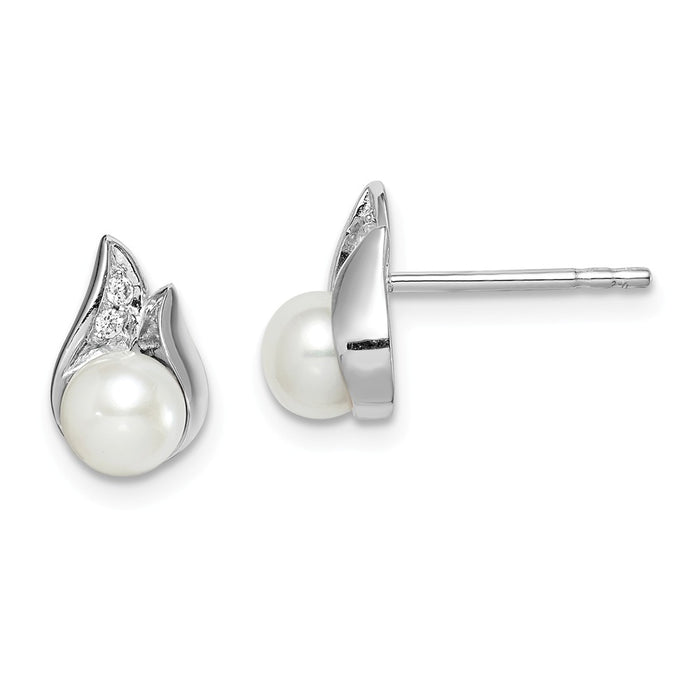 925 Sterling Silver Rhodium-plated Cubic Zirconia ( CZ ) (5-6) Freshwater Cultured Pearl Post Earrings,