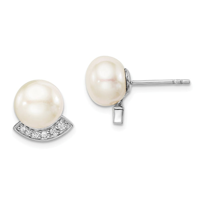 925 Sterling Silver Rhodium-plated Cubic Zirconia ( CZ ) (8-9) Freshwater Cultured Pearl Post Earrings,