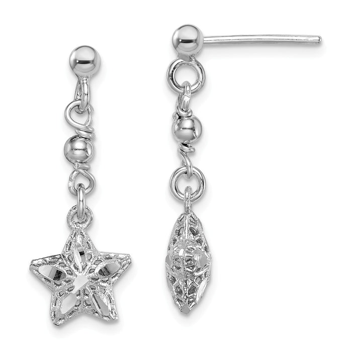 925 Sterling Silver Rhodium-plated Diamond-Cut Mesh Star Dangle Post Earrings,