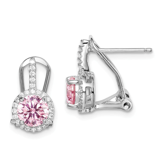 925 Sterling Silver Rhodium-plated Pink & White Cubic Zirconia ( CZ ) R/C Omega Earrings,