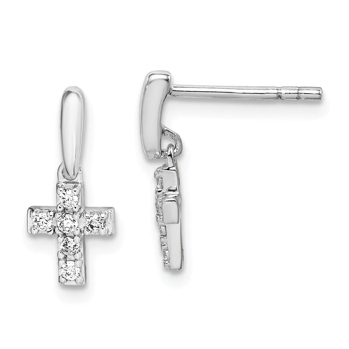 925 Sterling Silver Rhodium-plated Tiny Cubic Zirconia ( CZ ) Cross Dangle Post Earrings,