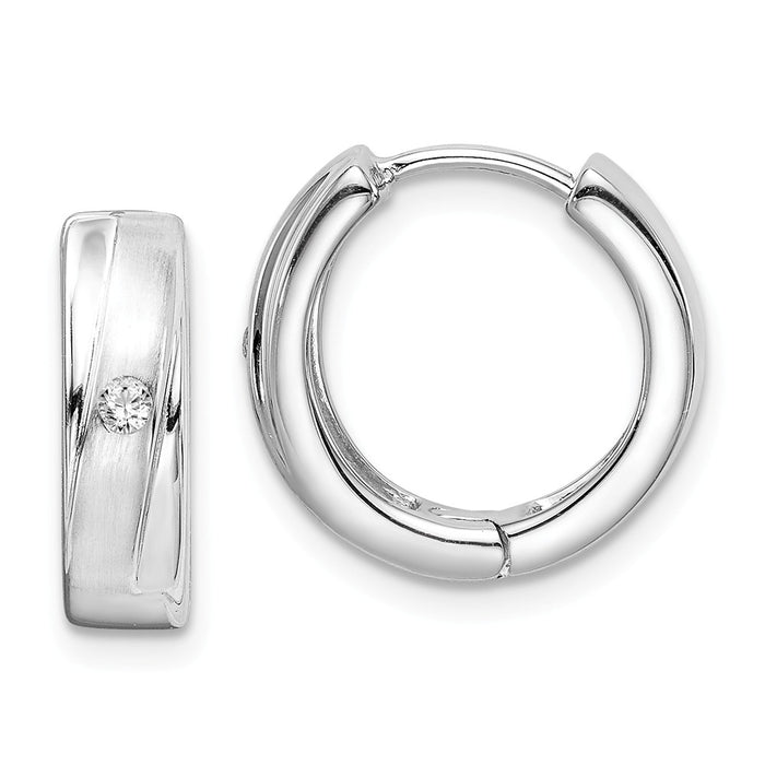 925 Sterling Silver Rhodium-Plated Brushed & Polished Cubic Zirconia ( CZ ) Hoop Earrings, 14.08mm x 15.34mm