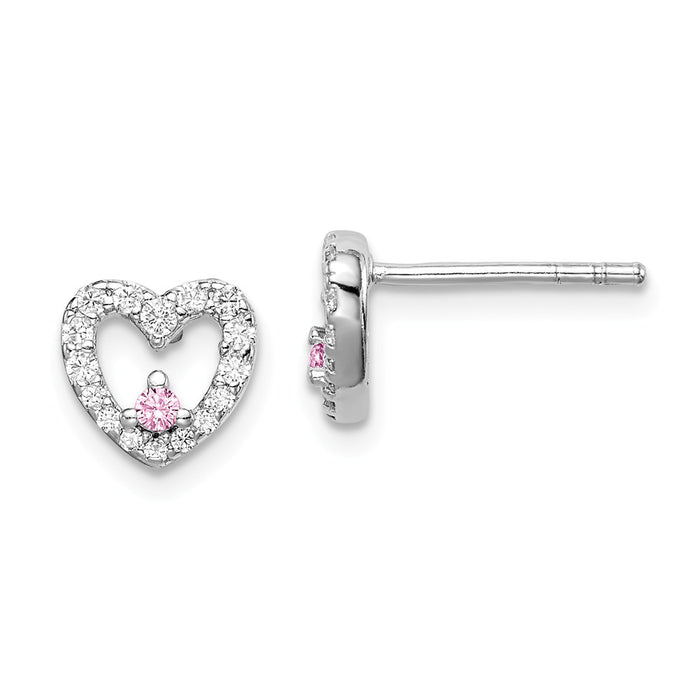 925 Sterling Silver Rhodium-Plated Pink & Clear Cubic Zirconia ( CZ ) Heart Post Earrings, 7.5mm x 6.21mm
