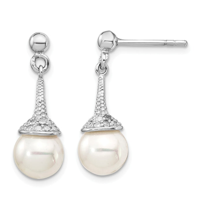 925 Sterling Silver Rh-pl Plated with Cubic Zirconia ( CZ ) & Imitation Shell Pearl Dangle Earrings,
