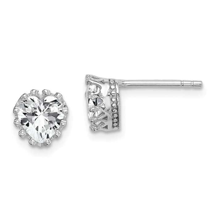 925 Sterling Silver Rhodium-plated 6 Polished Heart Cubic Zirconia ( CZ ) Post Earrings,