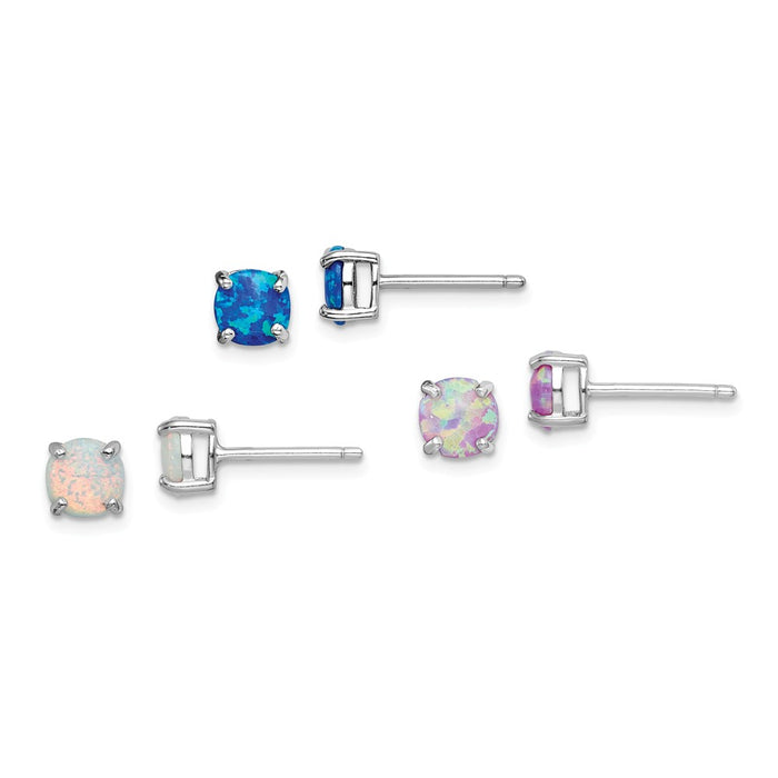 925 Sterling Silver Rhodium-plated Created Opal Set of 3 Stud Earrings, 6mm