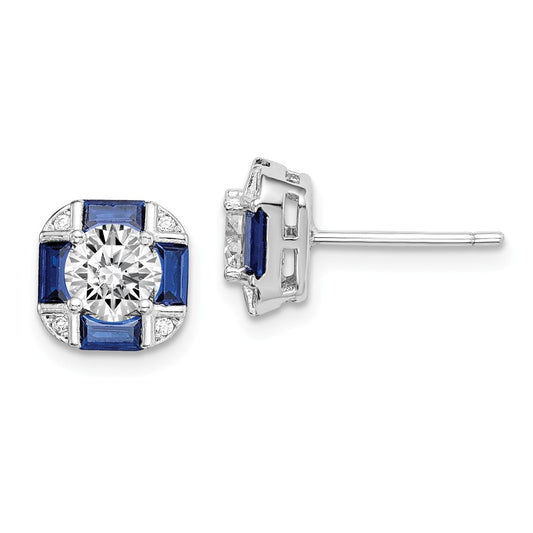 925 Sterling Silver Rhodium-plated Cubic Zirconia ( CZ ) & Lab Createad Blue Spinel Earrings, 8.45mm x 8.45mm